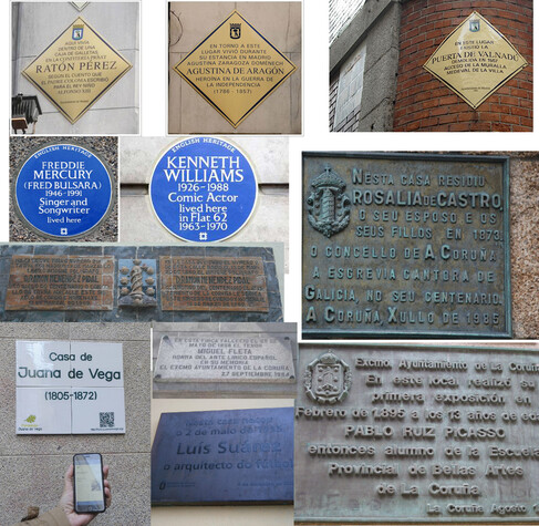 Exemplos de placas típicas en Londres e Madrid e os varios modelos na Coruña